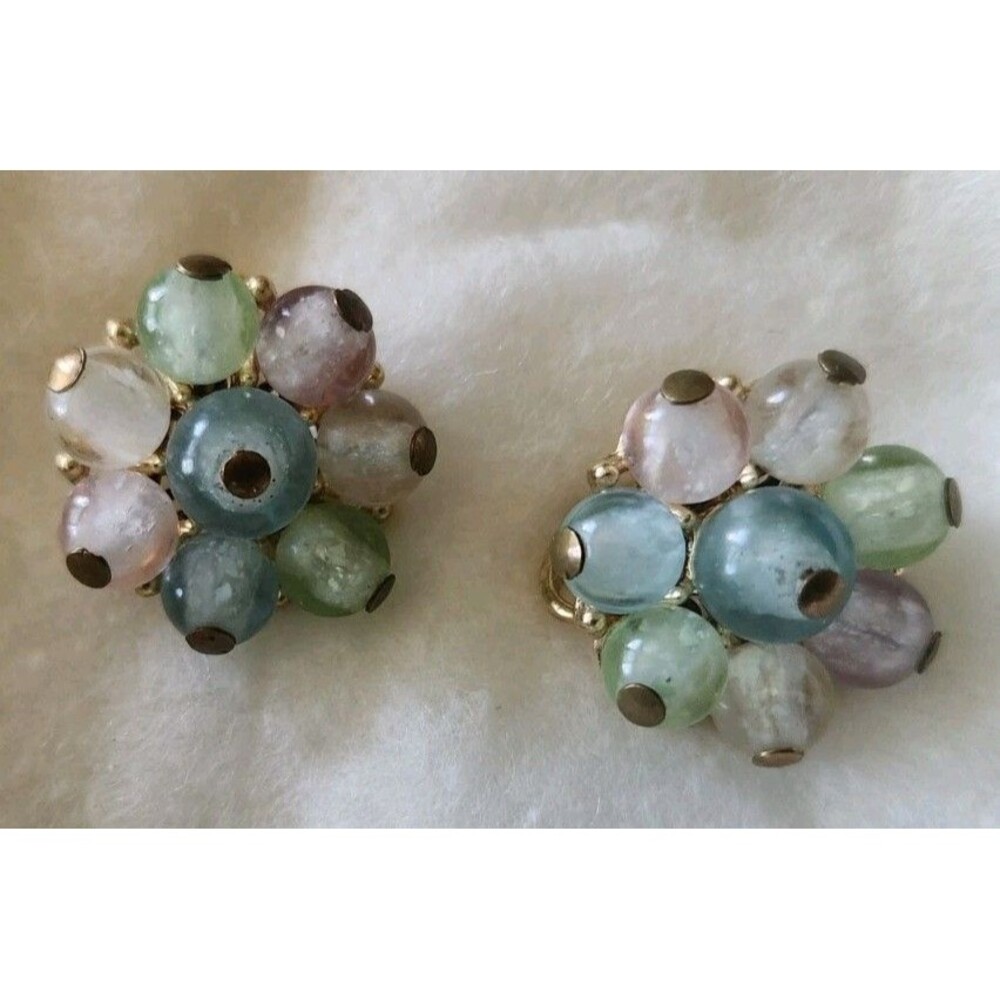 Signed Crown Trifari Demi Parure Pastel Lucite Crackle Glass Beads Clip Earrings